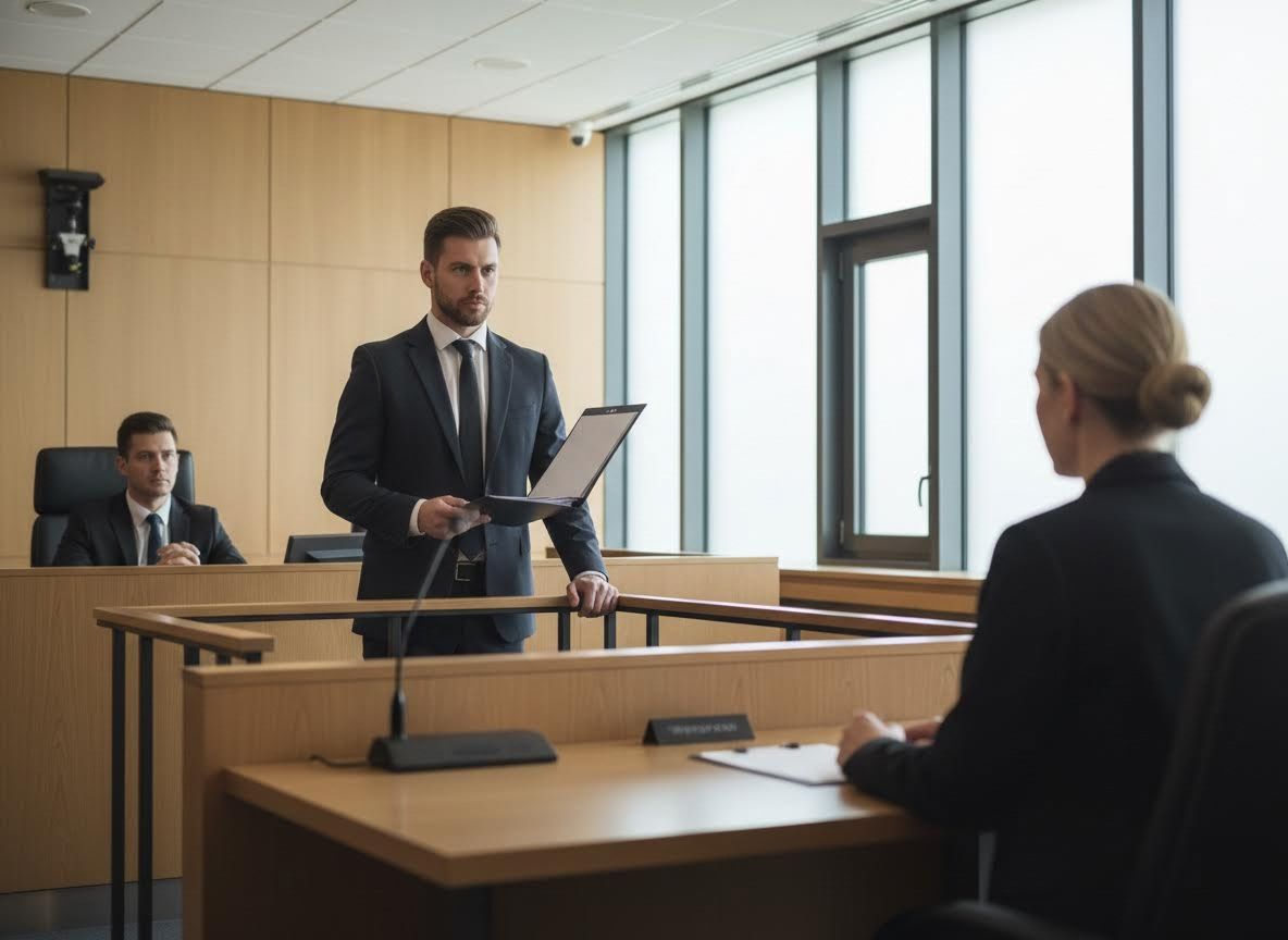 Lawyer Presenting in Modern Courtroom