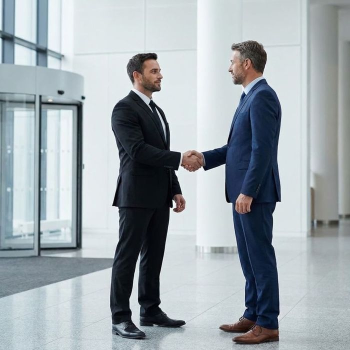  A security professional shaking hands with a corporate executive, representing trust.