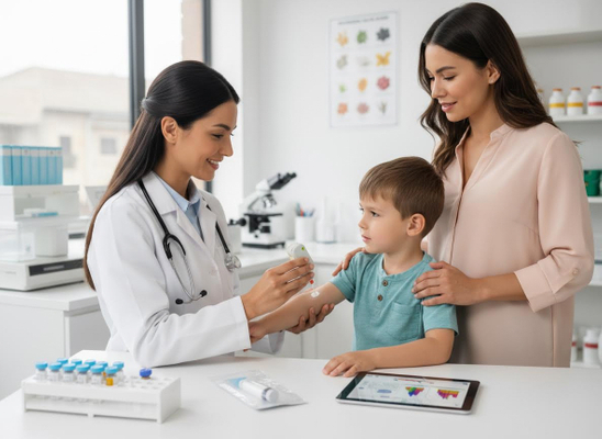 A smiling female doctor applies cream to a young boy's arm during a check-up, with his mother observing in a bright medical office. Pediatrician applying treatment to a child's arm in a clinic