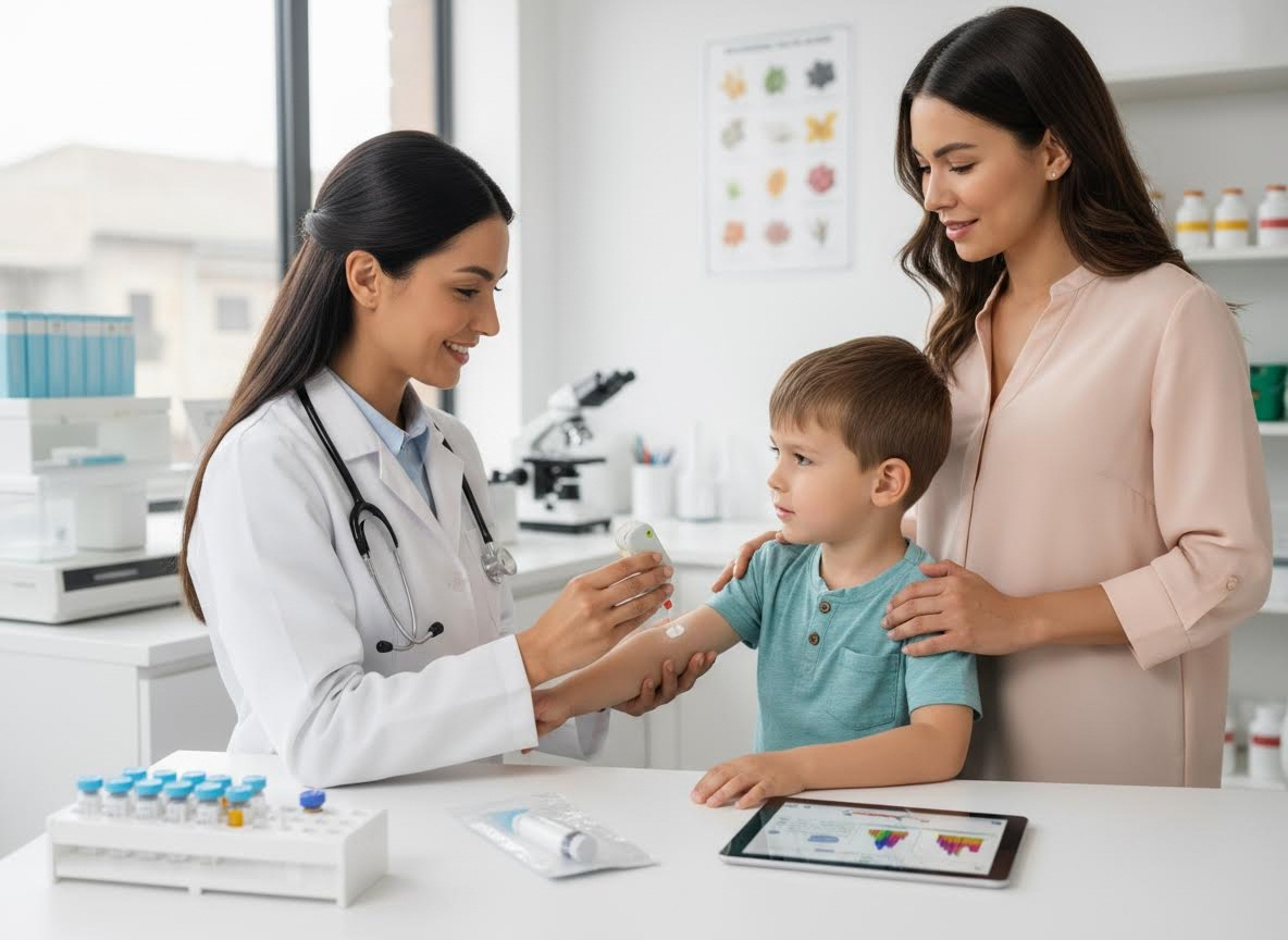 Pediatrician applying treatment to a child's arm in a clinic