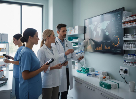 Medical Team Analyzing Pharmaceutical Inventory Data