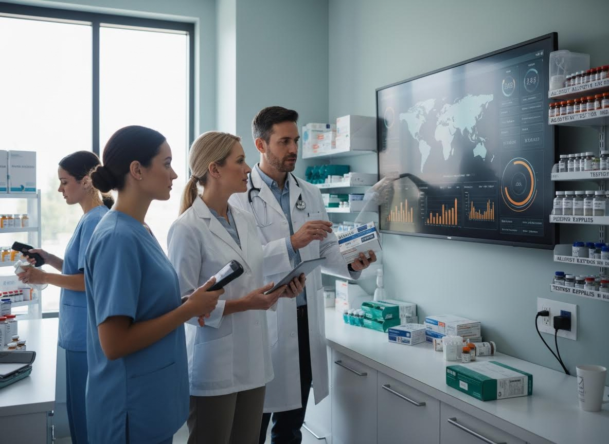 Medical Team Analyzing Pharmaceutical Inventory Data