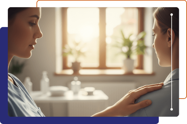 Clinician placing a hand on a patient's shoulder.