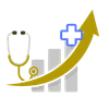 Medical growth icon with stethoscope, bar graph, and upward arrow.