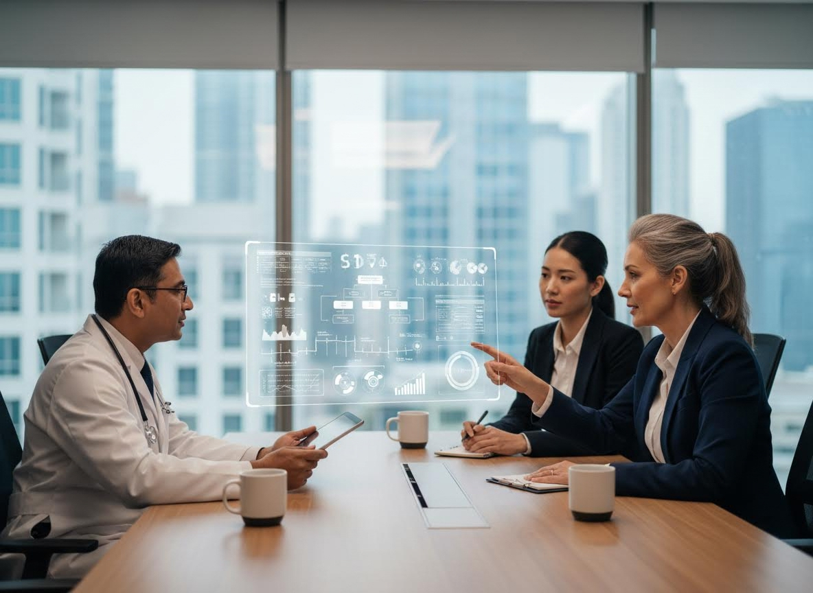 Professionals Discussing Data with Holographic Display in Meeting