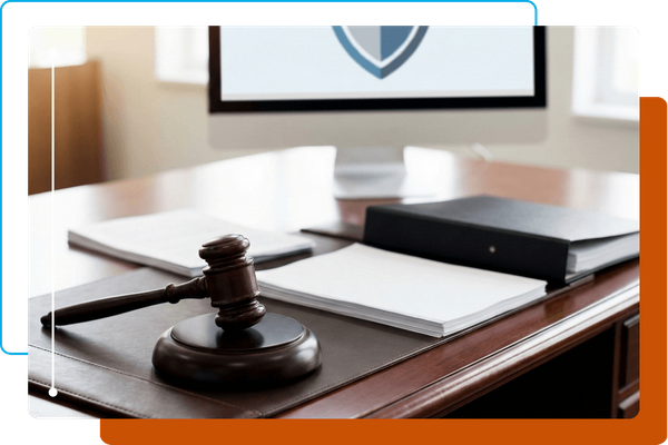 Wooden gavel and legal documents on professional desk.