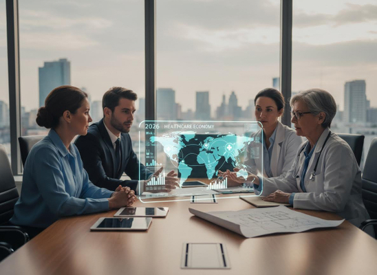 Four individuals, including medical professionals, discuss a holographic world map displaying '2026 Healthcare Economy' data in a meeting. Professionals Analyzing Global Healthcare Economy