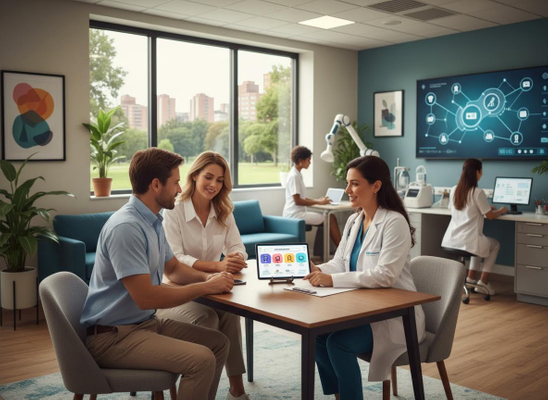 Doctor consulting a couple using a tablet in a modern medical office