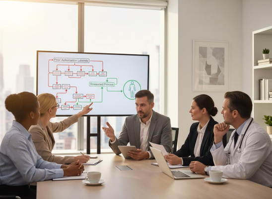 Medical and business professionals review healthcare authorization process