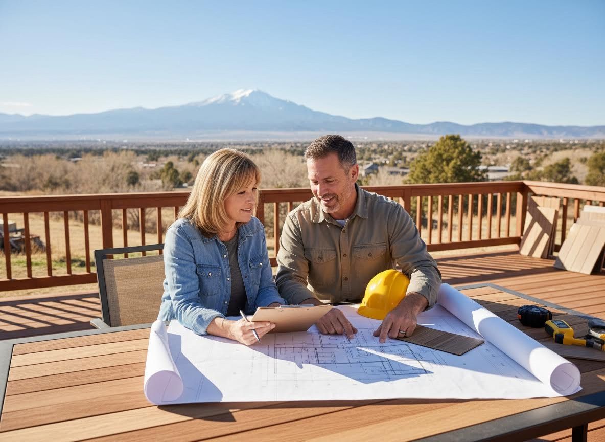 Couple on deck reviewing blueprints for home project