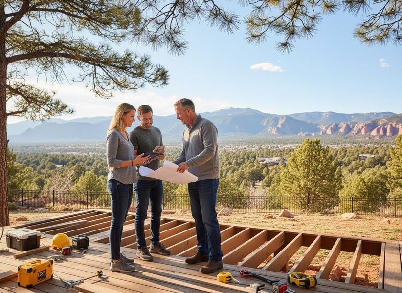 People reviewing construction plans on a deck overlooking mountains