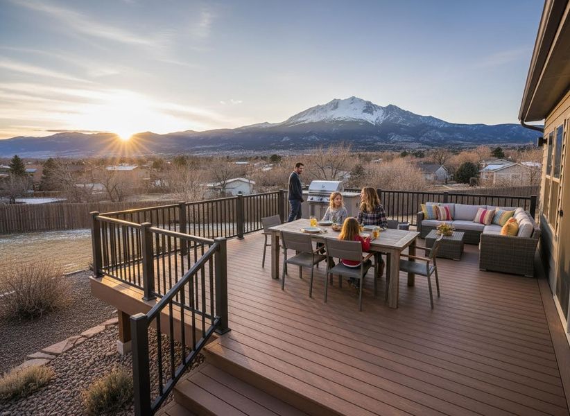 Family enjoying a composite deck with mountain view at sunset