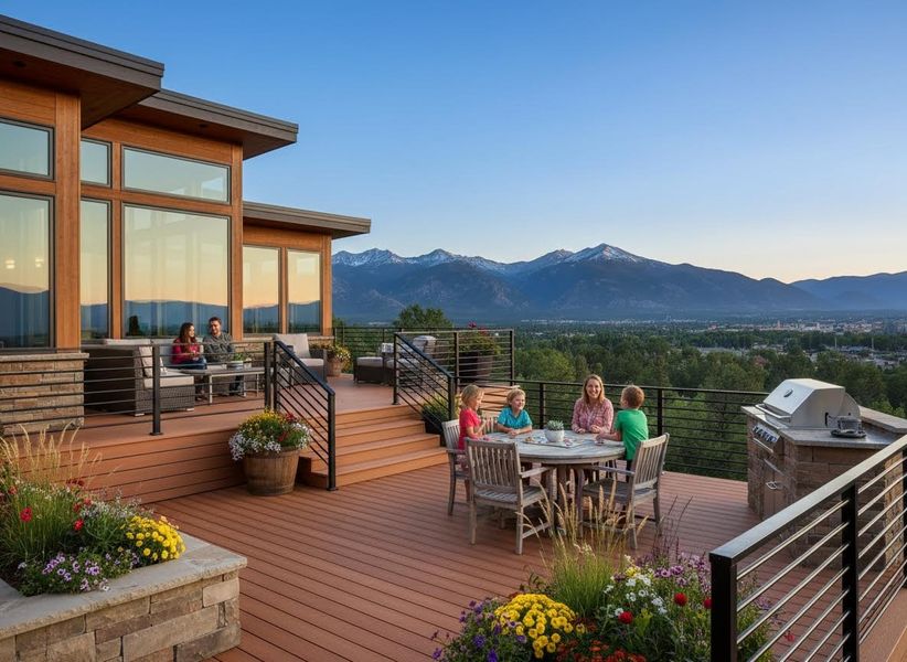 Family and friends enjoying a multi-level deck with mountain views