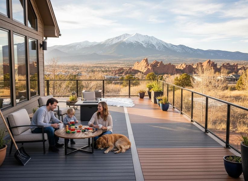 Family Playing on Composite Deck with Mountain View