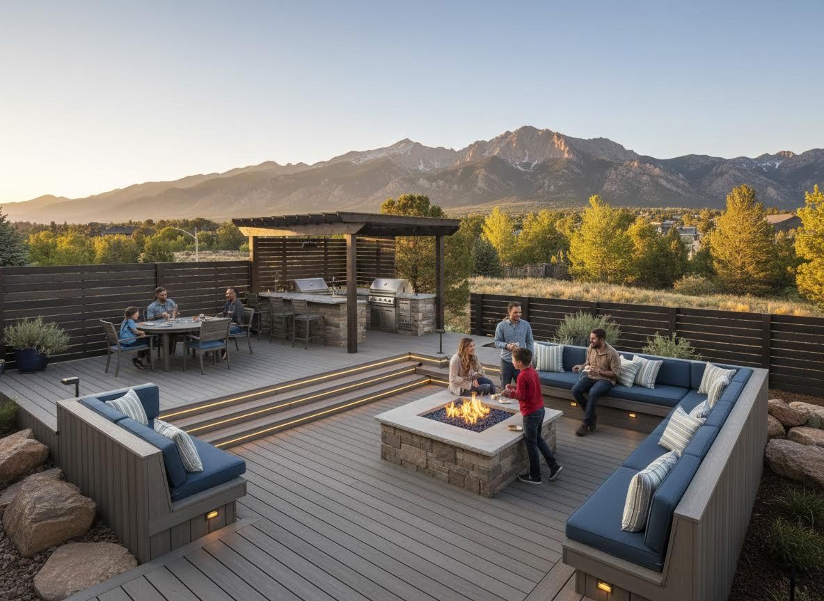 Spacious outdoor deck with fire pit, kitchen, and mountain views
