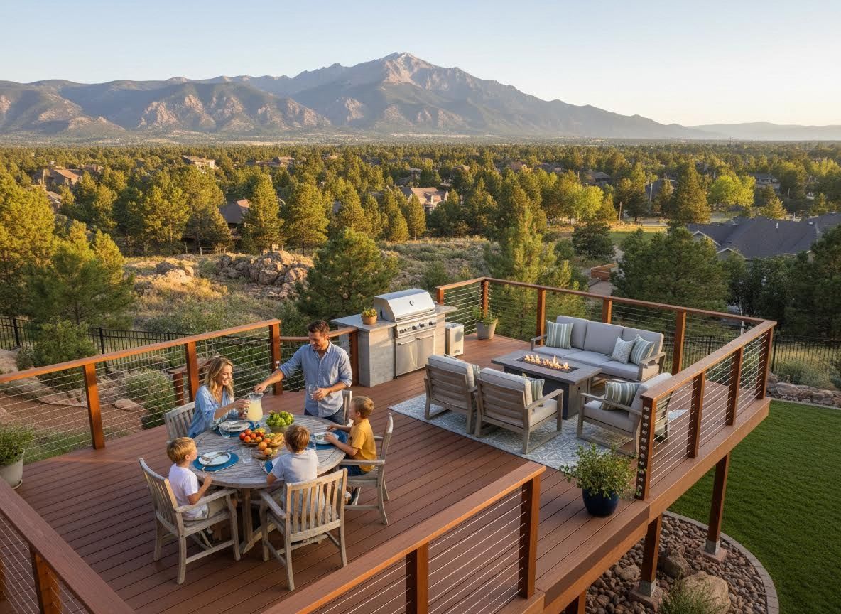 Family on large outdoor deck with mountain view