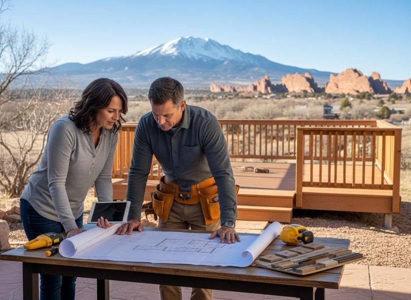 Man and woman reviewing deck blueprints with mountain view