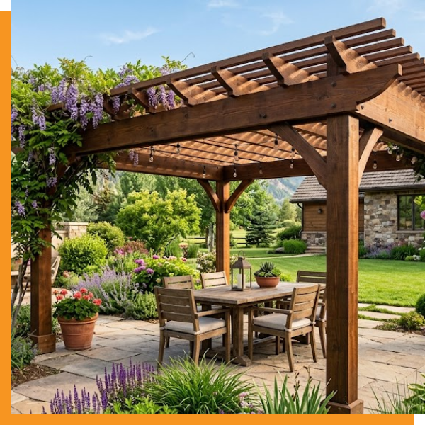 beautiful pergola with outdoor table underneath
