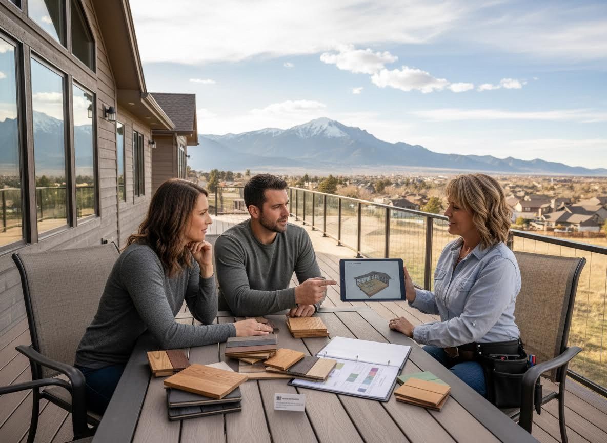 Homeowners and Designer Reviewing Deck Plans