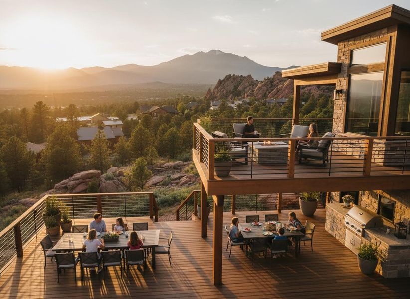 Multi-level Deck with Families Dining and Relaxing at Sunset