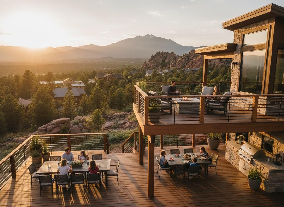 Multi-level Deck with Families Dining and Relaxing at Sunset