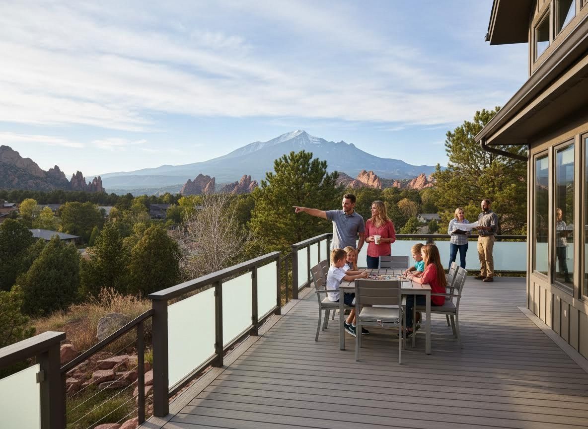 Family and friends on a deck with mountain and red rock views