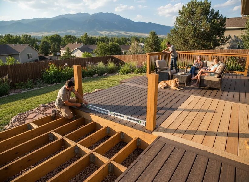 Family building and relaxing on an outdoor deck with mountain views