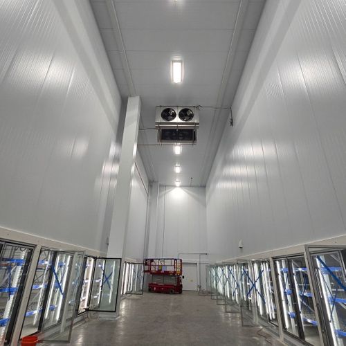 Interior aisle of a commercial walk-in freezer