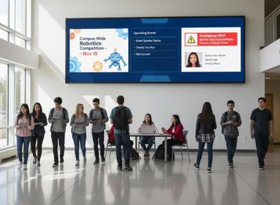 Students walk and gather in a bright, modern university hallway, passing a large digital display board showing campus events, an emergency alert, and student recognition. Digital Information Screen in University Hallway with Students