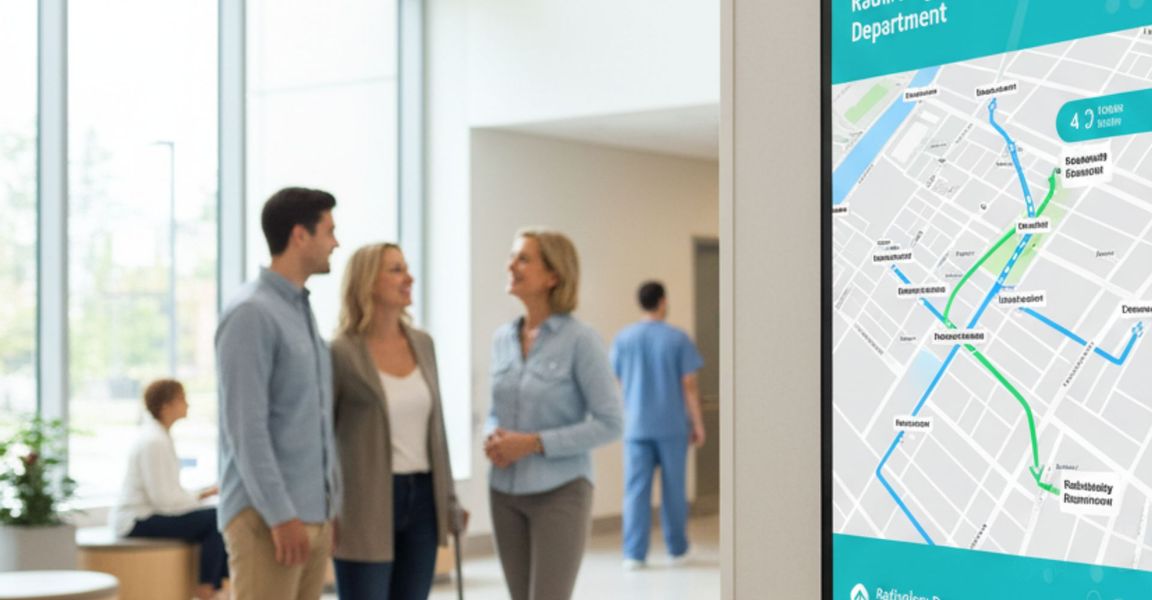 Modern hospital interior with digital wayfinding screen Modern hospital interior with digital wayfinding screen
