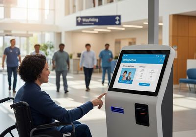 Woman in wheelchair using information kiosk