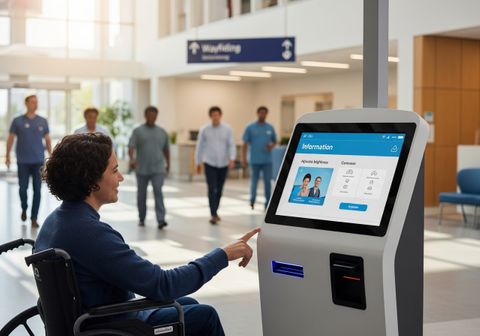 A woman in a wheelchair interacts with an information kiosk in a bright, modern hospital lobby. The kiosk features a touch screen display with options for adjusting brightness and other settings. People can be seen walking in the background, underneath a wayfinding sign. Woman in wheelchair using information kiosk