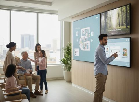 A man uses a large touchscreen display with health information while a diverse family waits in a bright, modern clinic. Patients and Staff Interact with Digital Displays in a Modern Clinic Waiting Room