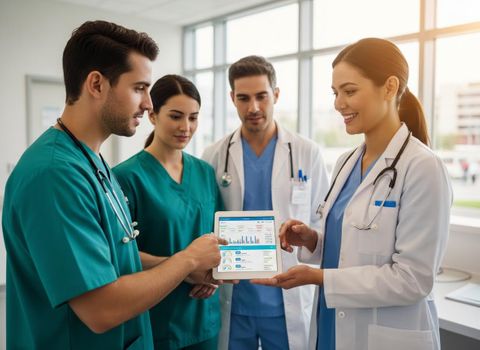Four medical professionals (two men, two women) in scrubs and lab coats collaborate, examining health data and charts on a tablet. Medical Team Reviewing Patient Data on Digital Tablet