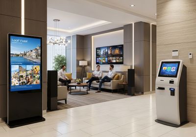A brightly lit and spacious hotel lobby featuring a digital signage display promoting local attractions, a comfortable seating area with three guests relaxing, a large screen TV, and a self-service check-in kiosk for a seamless guest experience. Modern Hotel Lobby with Digital Signage and Self-Service Kiosk