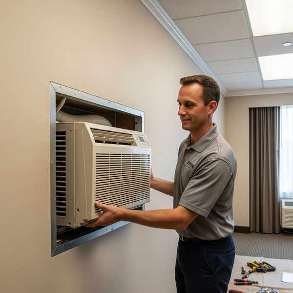 A maintenance professional installs a new PTAC unit into a wall with ease.