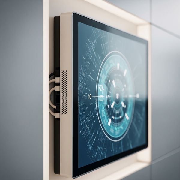 Close-up of a digital signage display seamlessly integrated into a modern office wall.