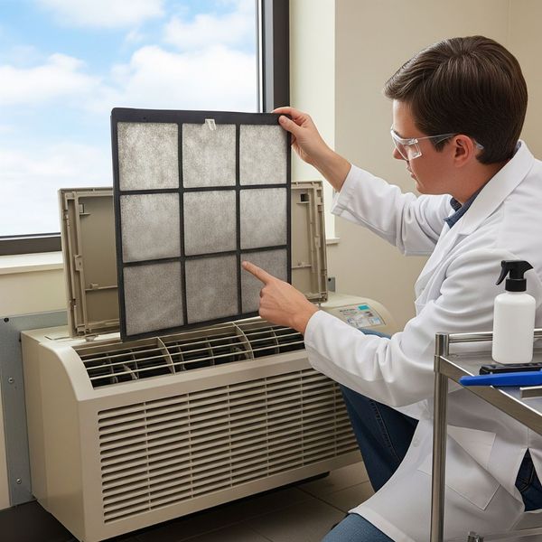 A technician in a lab coat inspects a clean air filter from a climate control unit.