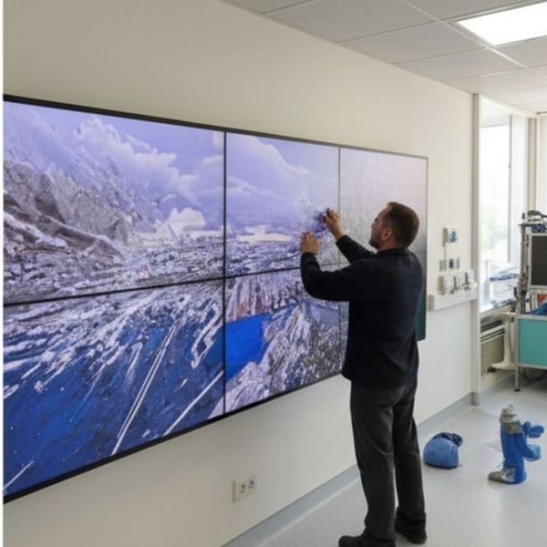 Technician installing large commercial display in hospital