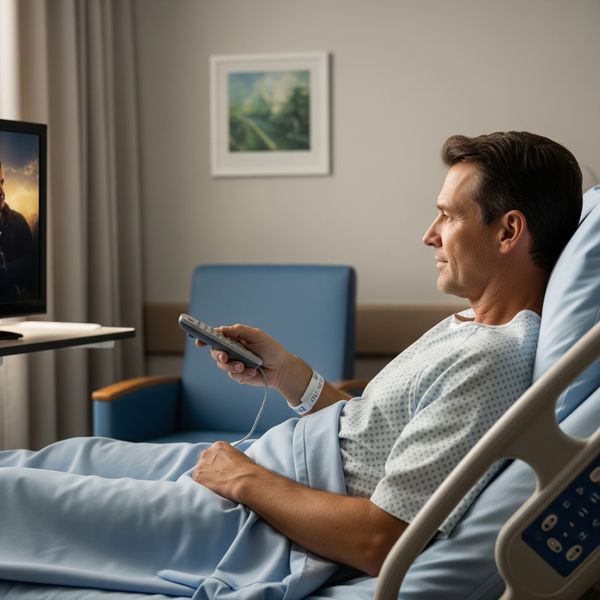 A patient using a remote control for the TV in a hospital bed.