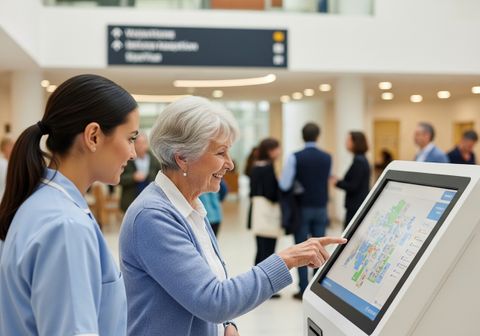 Senior woman using a touchscreen kiosk in a hospital with assistance from a nurse