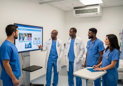 Five medical professionals, dressed in scrubs and lab coats, gather in a modern hospital room around a large interactive display showing patient education materials, suggesting a collaborative learning or training session. Medical Professionals Discussing Patient Education