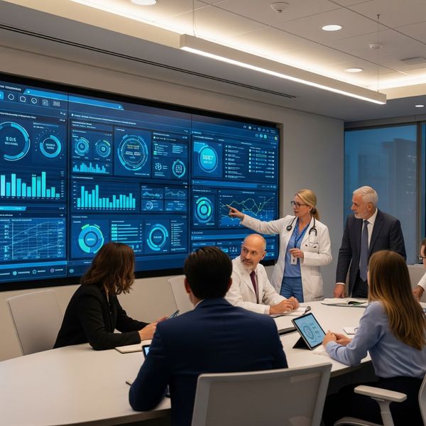 A diverse group of clinicians and hospital administrators in a meeting room, looking at a large display wall with visualized patient data.