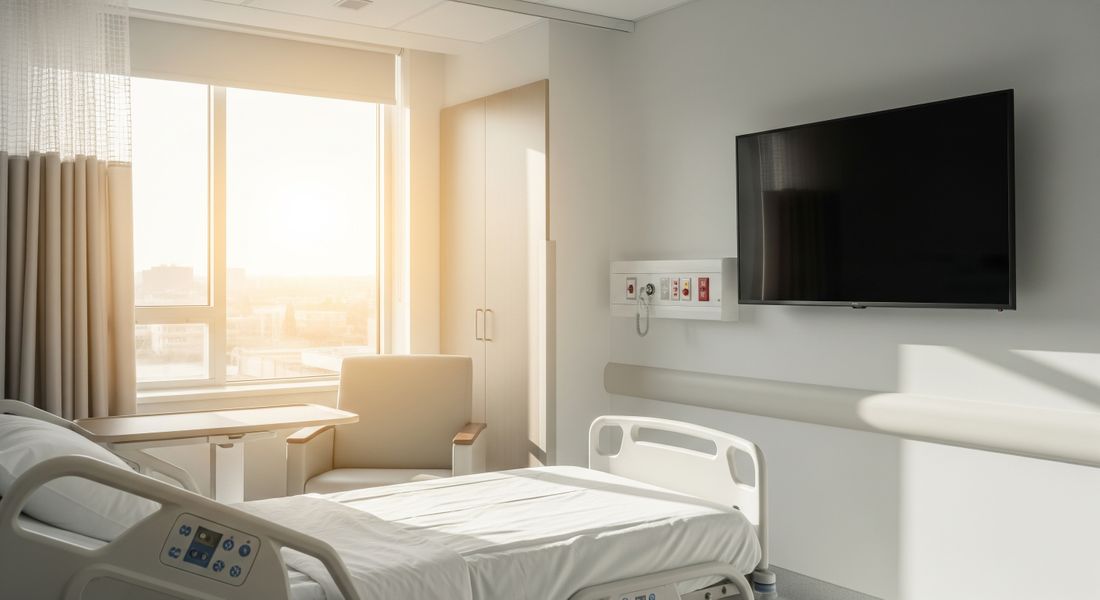 A bright, modern hospital room featuring a large wall-mounted TV to enhance the patient experience.
