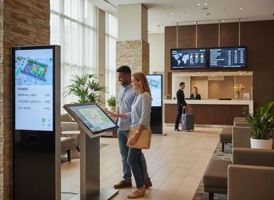 Couple using interactive digital kiosk in hotel lobby