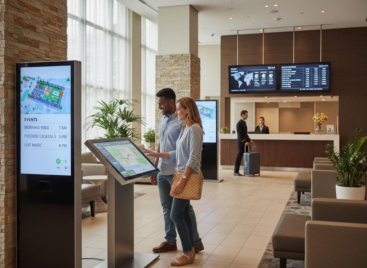 Couple using interactive digital kiosk in hotel lobby
