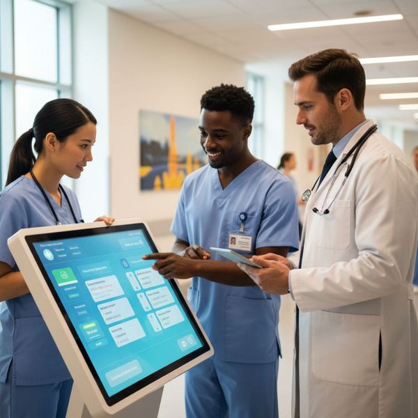 Hospital staff interacting with an interactive kiosk Hospital staff interacting with an interactive kiosk
