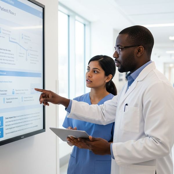 Healthcare professional explaining a digital solution to a colleague Healthcare professional explaining a digital solution to a colleague