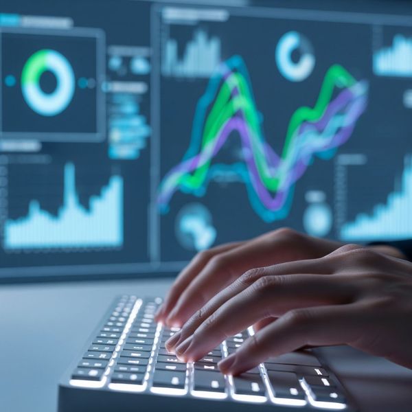 A close-up of hands on a keyboard, with a large, clean data visualization wall in the soft-focus background.