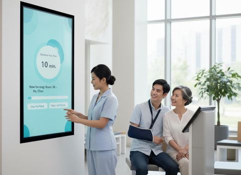 A smiling nurse points to a digital waiting room display showing a 10-minute wait time. Two patients, one with an arm sling, watch intently in a bright clinic. Healthcare Professional Using Digital Display in Waiting Room